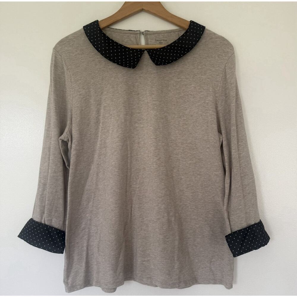 Garnet Hill Peter Pan Collar Knit Top Gray Polka Dot 3/4 Sleeve Large Preppy
